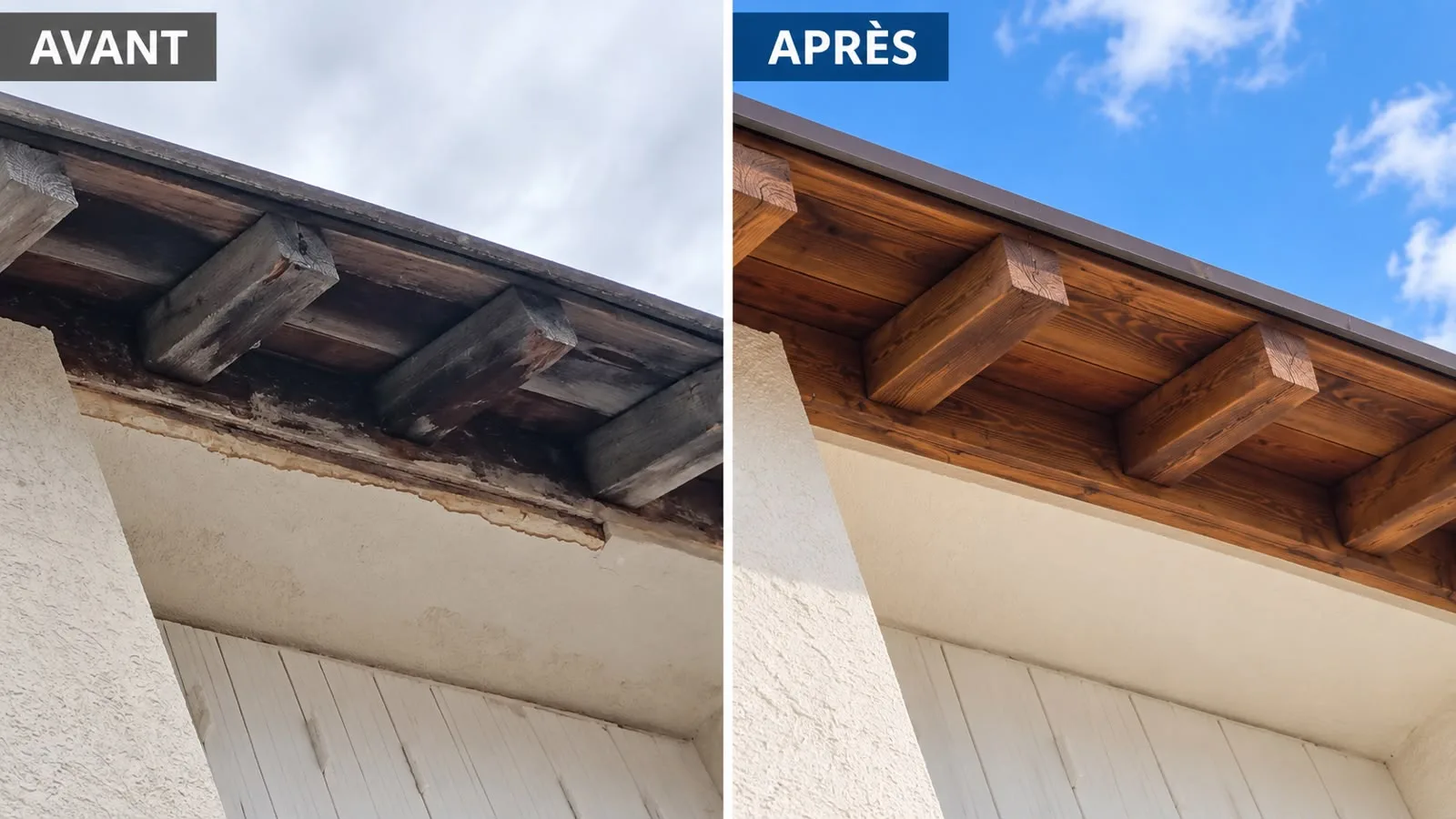 Débord de toit avant et après reprise : abouts de chevrons noircis à gauche, bois décapé, traité et lasuré à droite