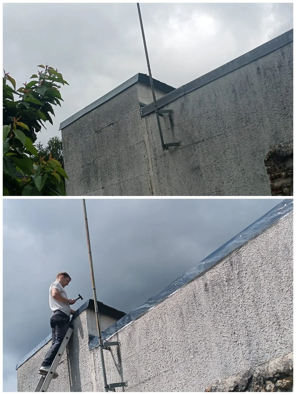 Le mur qui « boit » par le haut : reprise d'étanchéité d'une arase, avant et après