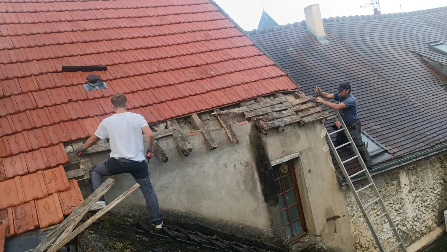 Deux couvreurs déposent les liteaux et les voliges pourris en bas de versant, l'un sur le toit, l'autre sur une échelle contre le mur