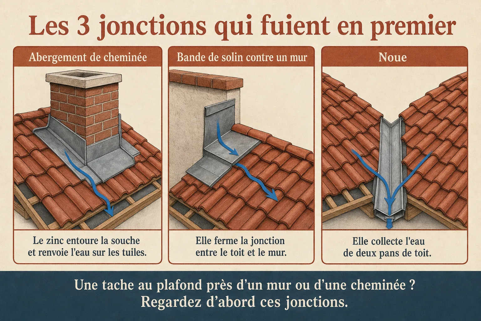 Infographie : les trois jonctions d'une toiture qui fuient en premier, l'abergement de cheminée, la bande de solin contre un mur et la noue