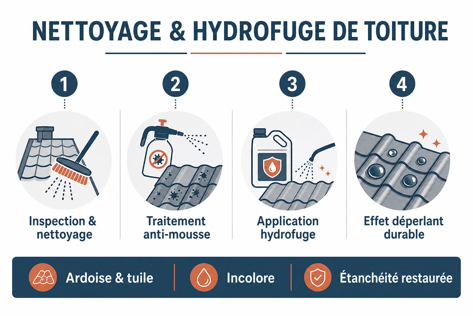Infographie : nettoyage et hydrofuge de toiture en 4 étapes
